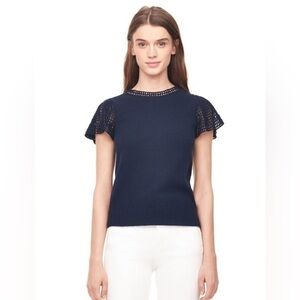 LA VIE Rebecca Taylor Navy Wool Blend Lace Short Ruffle Sleeve Knit Top Sz S